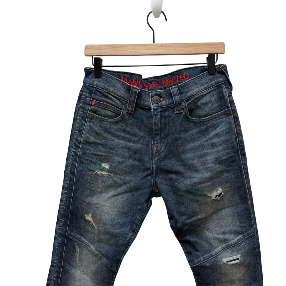 True Religion Manchester United Distressed Slim Moto Jeans‎ Dark Wash Mens 30